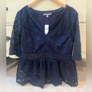 Blue Tassel Navy Lace Women Top 3/4 Sleeves Flare Waist NWT Size Medium
